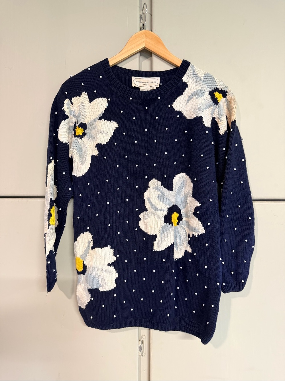 Adrienne Vittadini Navy Floral Crewneck Sweater with Yellow Accents